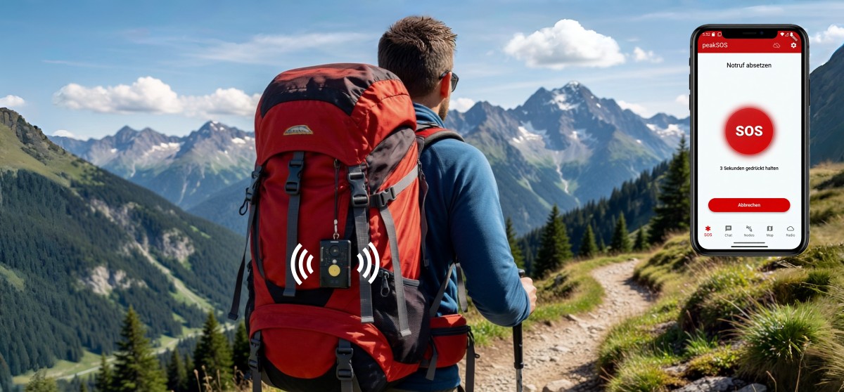 Wanderer nutzt peakSOS App auf dem Smartphone in den Bergen bei einem Notfall oder zum chatten